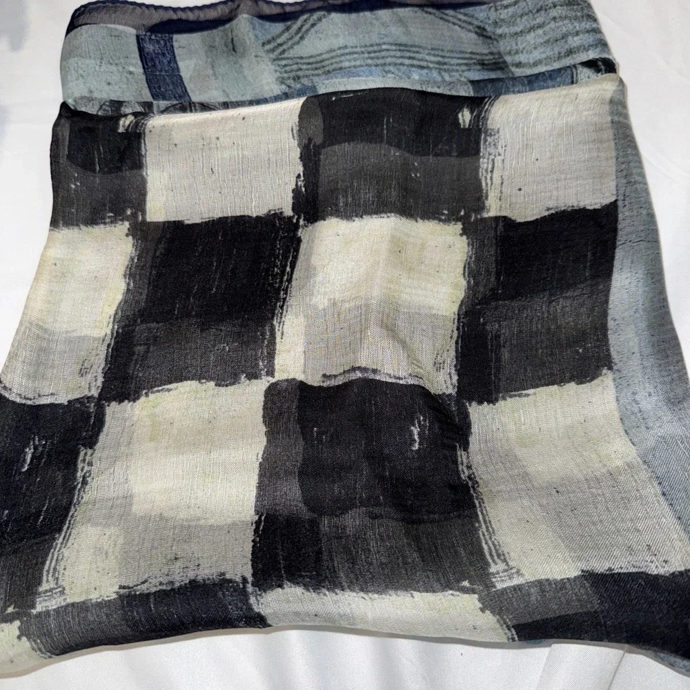 Women's Vintage KENZO‎ Light Silk Checked Checkered Scarf Wrap Blue Black White